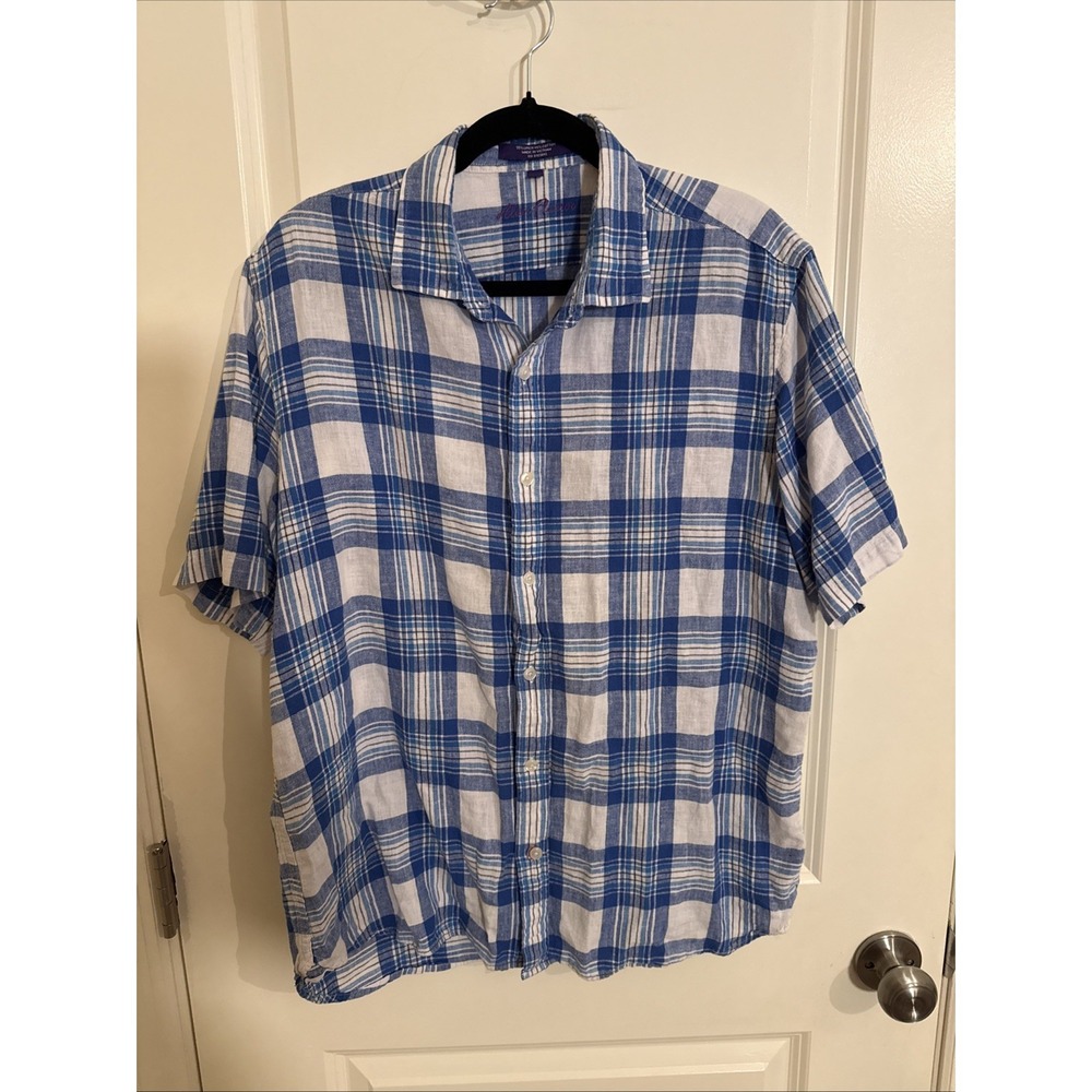 Alan Flusser Linen Blend Short Sleeve Button Up Shirt Men's Large Blue/White